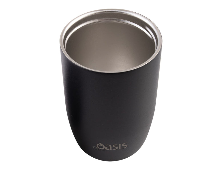 Oasis 300ml Insulated Leakproof Travel Cup - A drink bottle with a matte black exterior and a stainless steel interior, featuring a logo at the base.
