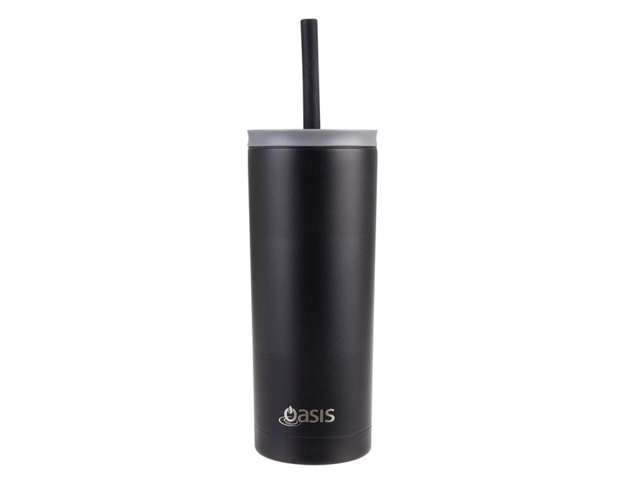 Oasis Super Sipper 600ml Vacuum Tumbler - A drink bottle featuring a sleek black design, with a straw and a branding logo at the base.