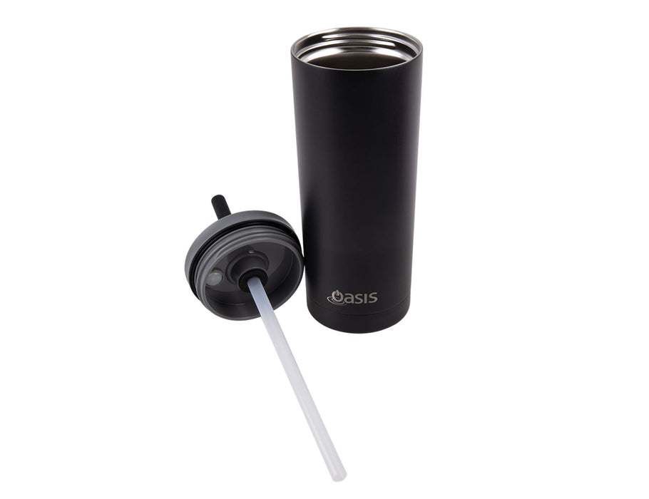 Oasis Super Sipper 600ml Vacuum Tumbler - A drink bottle featuring a sleek black design, with a removable lid and straw, and a logo incorporated.