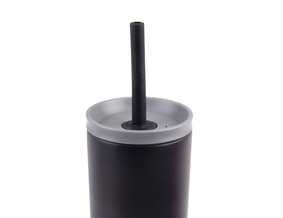 Oasis Super Sipper 600ml Vacuum Tumbler - A drink bottle featuring a sleek black design with a grey lid and a black straw. It has a logo on the side.