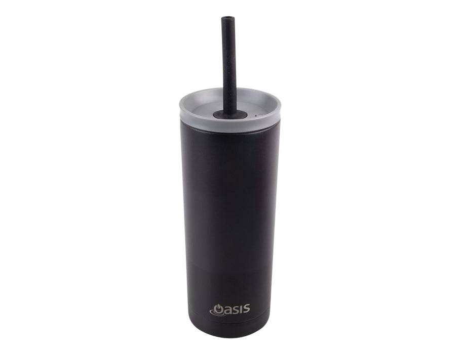 Oasis Super Sipper 600ml Vacuum Tumbler - A drink bottle featuring a black finish, a straw, and a lid, with a logo on the front.