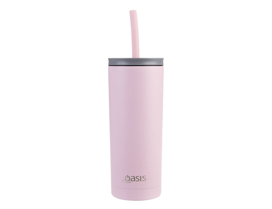 Oasis Super Sipper 600ml Vacuum Tumbler - A drink bottle in pastel pink with a straw and a grey lid, featuring a logo on the base.