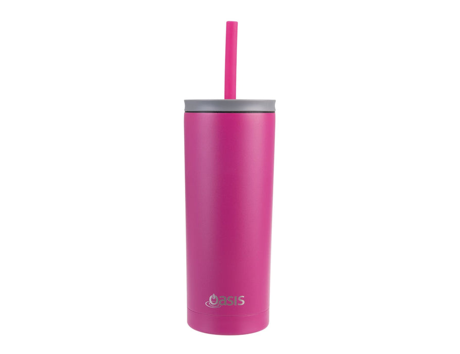Oasis Super Sipper 600ml Vacuum Tumbler - A drink bottle in vibrant pink with a grey lid and a straw, featuring a logo on its body.