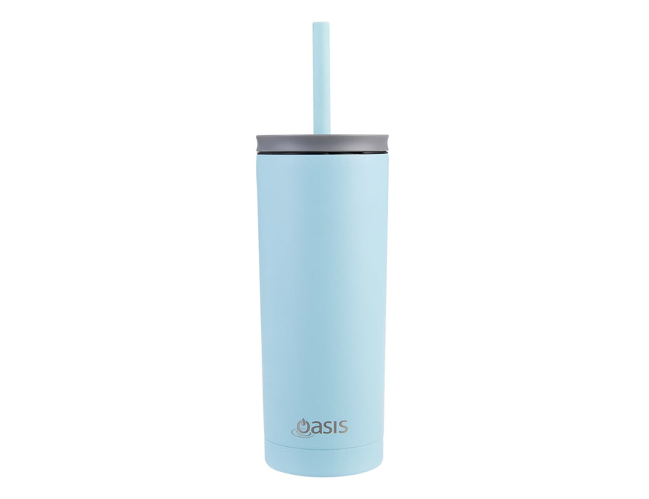 Oasis Super Sipper 600ml Vacuum Tumbler - A drink bottle in light blue with a grey lid and a straw, featuring a logo on the side.