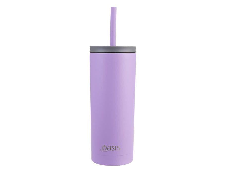 Oasis Super Sipper 600ml Vacuum Tumbler - A drink bottle in lavender with a grey lid and straw, featuring a branding logo.