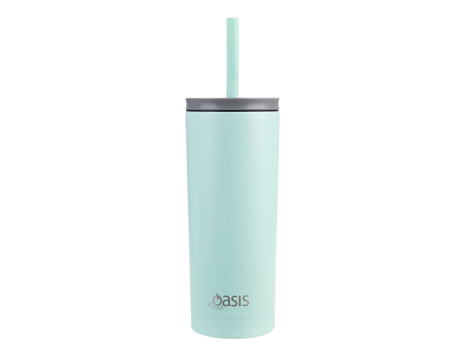 Oasis Super Sipper 600ml Vacuum Tumbler - A drink bottle with a light teal finish, featuring a straw and a lid, and a logo on the front.