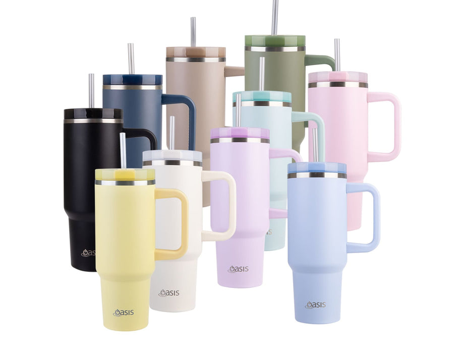 Oasis Commuter 1.2L Vacuum Travel Tumbler - A drink bottle collection featuring various colours, including black, beige, green, pink, and blue, with straws and handles.
