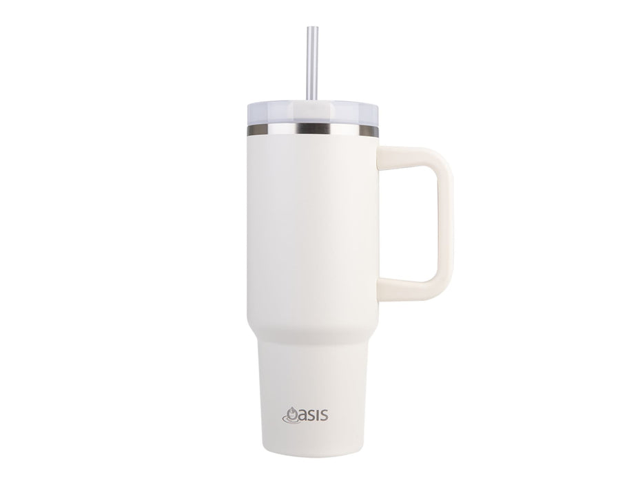 Oasis Commuter 1.2L Vacuum Travel Tumbler - A drink bottle in white with a handle and straw, featuring a silver rim and an Oasis logo.