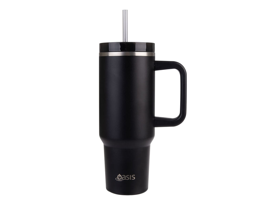 Oasis Commuter 1.2L Vacuum Travel Tumbler - A drink bottle in matte black with a handle, stainless steel straw, and a logo. Ideal for travel.