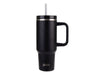 Oasis Commuter 1.2L Vacuum Travel Tumbler - A drink bottle in matte black with a handle, stainless steel straw, and a logo. Ideal for travel.