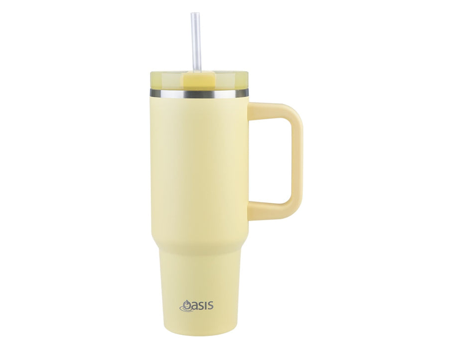 Oasis Commuter 1.2L Vacuum Travel Tumbler - A drink bottle in soft yellow with a handle and straw, featuring a stainless steel band and a logo.