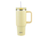 Oasis Commuter 1.2L Vacuum Travel Tumbler - A drink bottle in soft yellow with a handle and straw, featuring a stainless steel band and a logo.