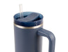 Oasis Commuter 1.2L Vacuum Travel Tumbler - A drink bottle in dark blue with a straw and a handle, featuring a silver band and a lid.