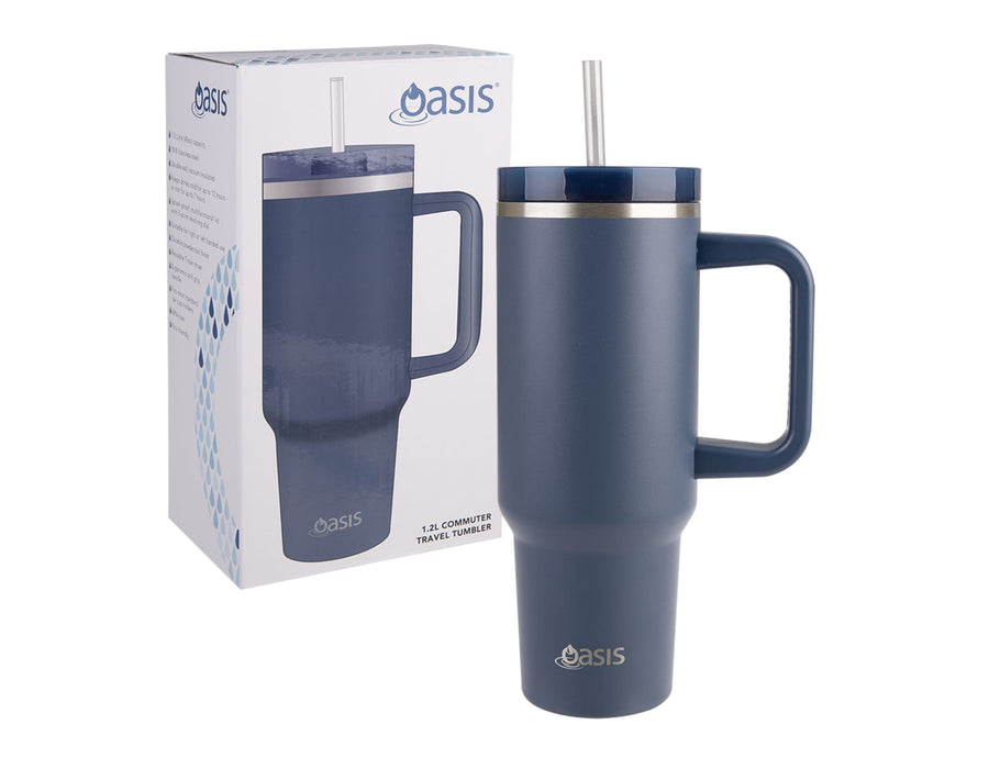 Oasis Commuter 1.2L Vacuum Travel Tumbler - A drink bottle featuring a navy blue design, with a handle and metal accents, accompanied by its packaging.