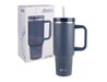 Oasis Commuter 1.2L Vacuum Travel Tumbler - A drink bottle featuring a navy blue design, with a handle and metal accents, accompanied by its packaging.