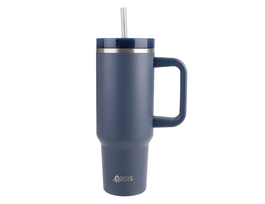 Oasis Commuter 1.2L Vacuum Travel Tumbler - A drink bottle featuring a navy blue body, a handle, and a stainless steel straw, with a logo at the base.