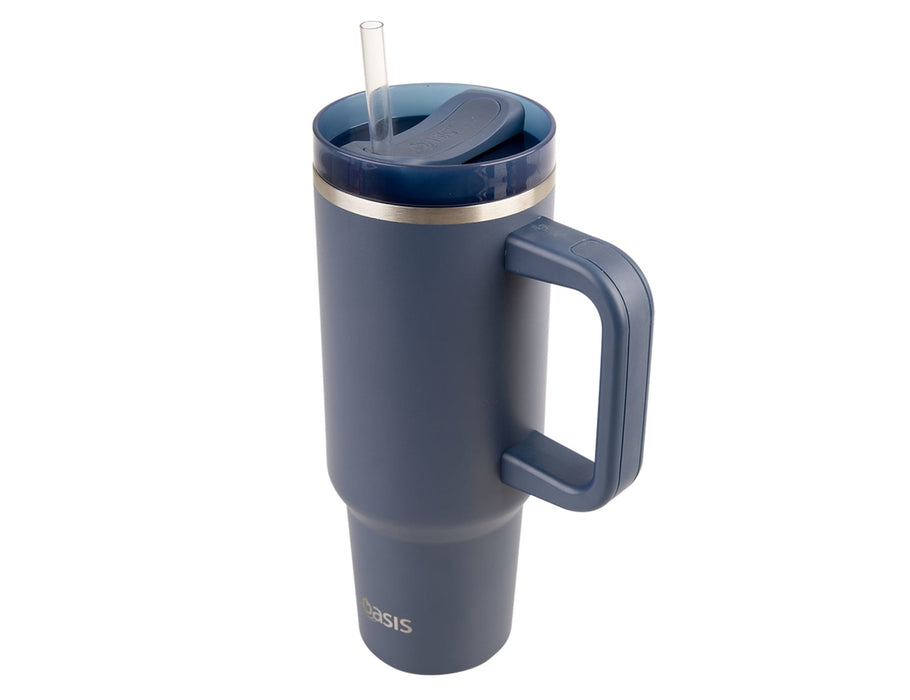 Oasis Commuter 1.2L Vacuum Travel Tumbler - A drink bottle featuring a navy blue design, a handle, and a straw, with a logo on the side.