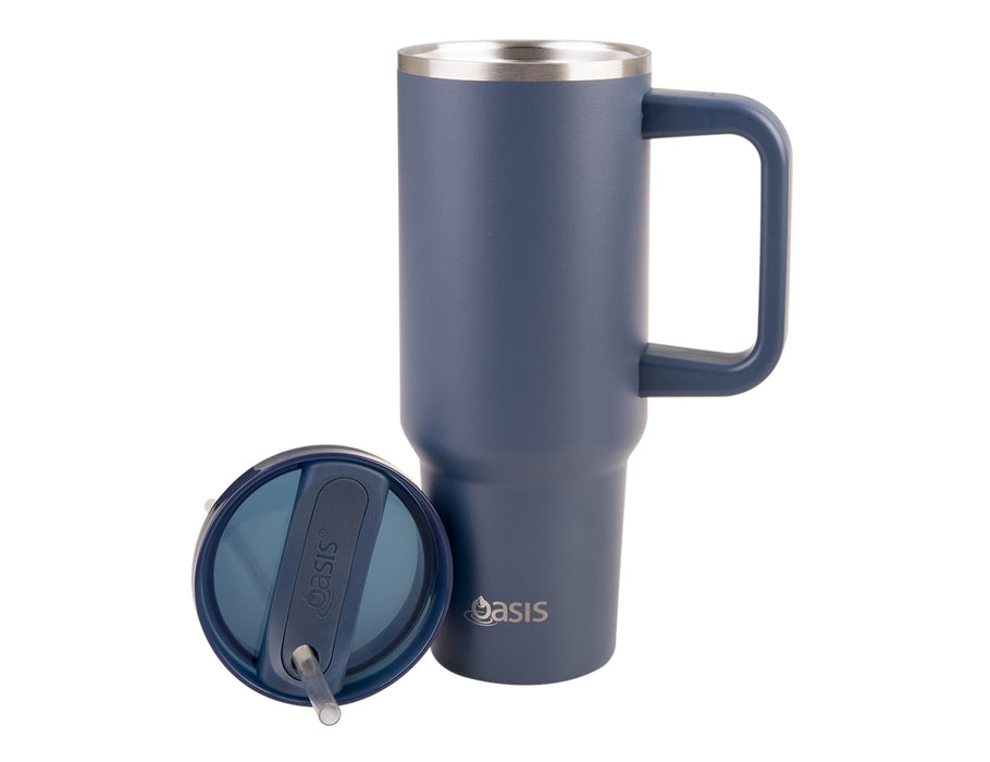 Oasis Commuter 1.2L Vacuum Travel Tumbler - A drink bottle in navy blue with a stainless steel lid and a removable straw, featuring a handle and a logo.