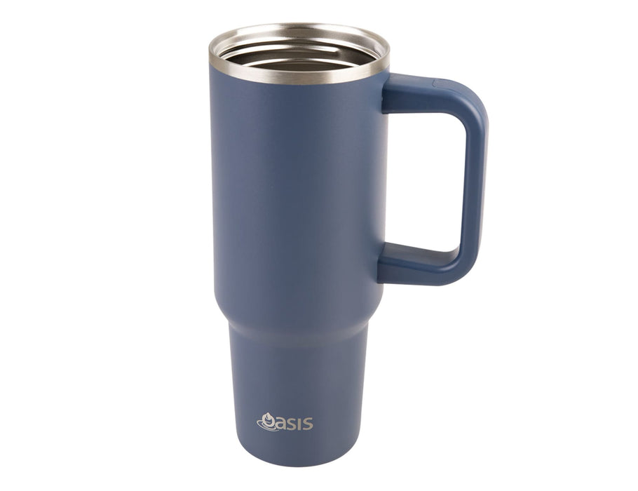 Oasis Commuter 1.2L Vacuum Travel Tumbler - A drink bottle featuring a navy blue body, silver rim, and a sturdy handle, with a logo on the front.