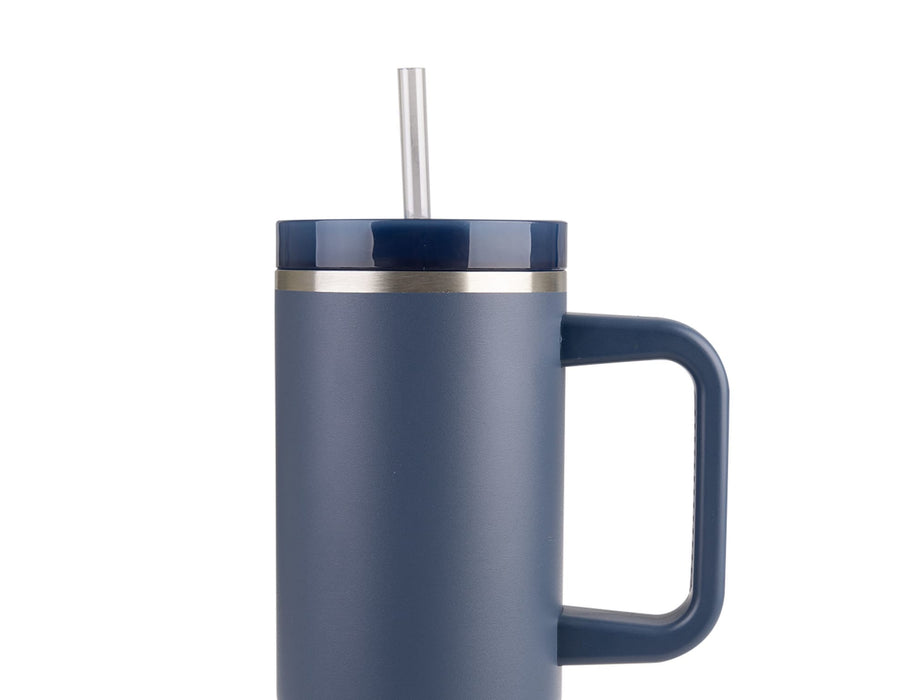 Oasis Commuter 1.2L Vacuum Travel Tumbler - A drink bottle with a navy exterior, stainless steel lid, and a straw, featuring a handle for easy gripping.