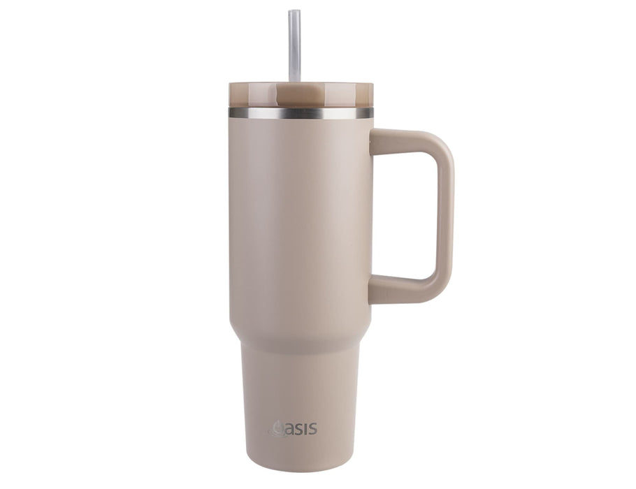 Oasis Commuter 1.2L Vacuum Travel Tumbler - A drink bottle in a light beige colour with a handle and straw, featuring a stainless steel lid and logo.