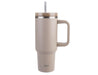 Oasis Commuter 1.2L Vacuum Travel Tumbler - A drink bottle in a light beige colour with a handle and straw, featuring a stainless steel lid and logo.