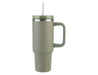 Oasis Commuter 1.2L Vacuum Travel Tumbler - A drink bottle in matte olive green with a silver rim, a handle, and a straw. It includes a logo.