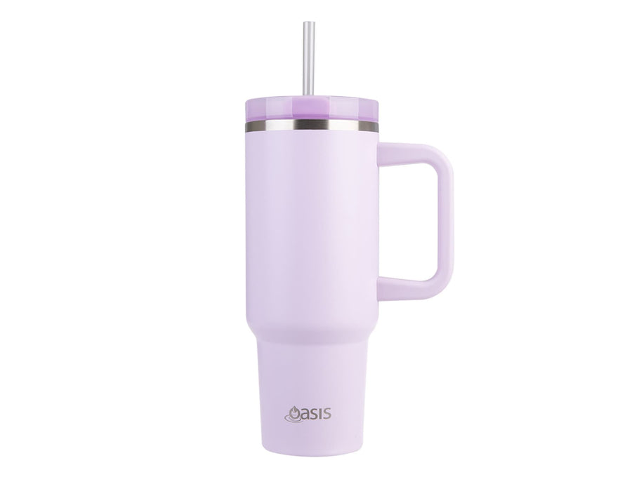 Oasis Commuter 1.2L Vacuum Travel Tumbler - A drink bottle in light purple with a handle, straw, and a silver band. It features a logo.