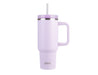 Oasis Commuter 1.2L Vacuum Travel Tumbler - A drink bottle in light purple with a handle, straw, and a silver band. It features a logo.