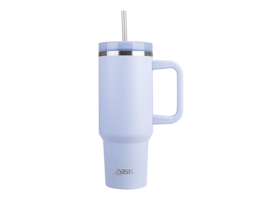 Oasis Commuter 1.2L Vacuum Travel Tumbler - A drink bottle in light blue with a handle, metal rim, and a straw, featuring a logo on the front.