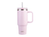 Oasis Commuter 1.2L Vacuum Travel Tumbler - A drink bottle in soft pink with a silver band and a handle, featuring a reusable straw and a branding logo.