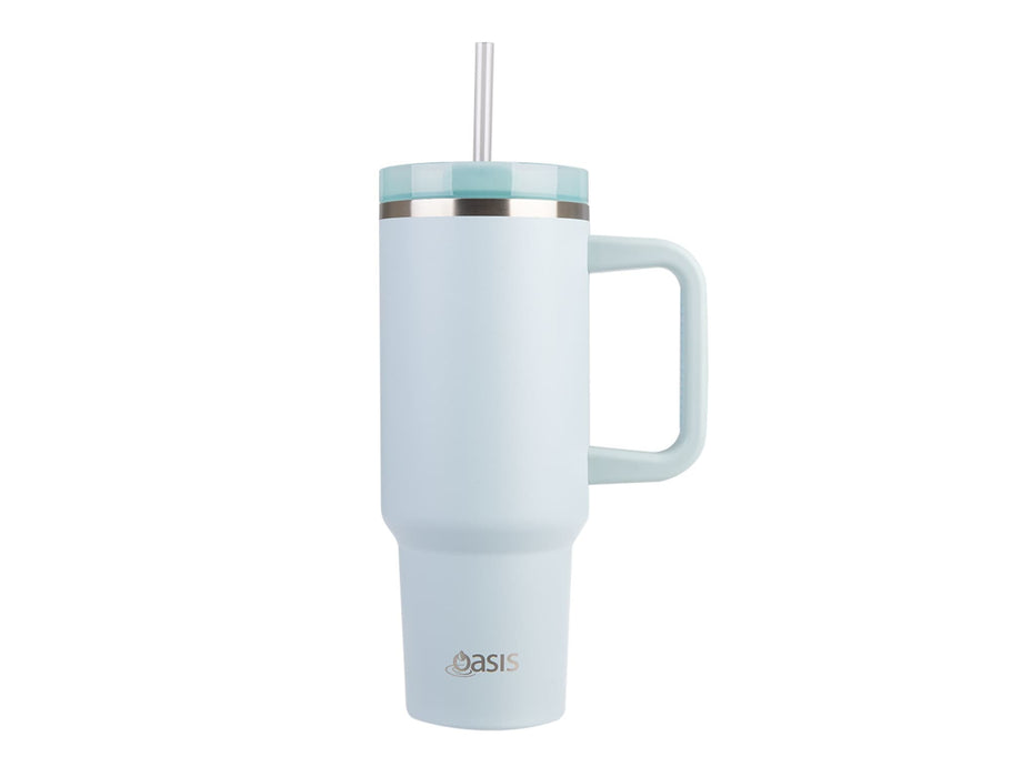 Oasis Commuter 1.2L Vacuum Travel Tumbler - A drink bottle in light blue with a handle and straw, featuring a silver accent and a logo.