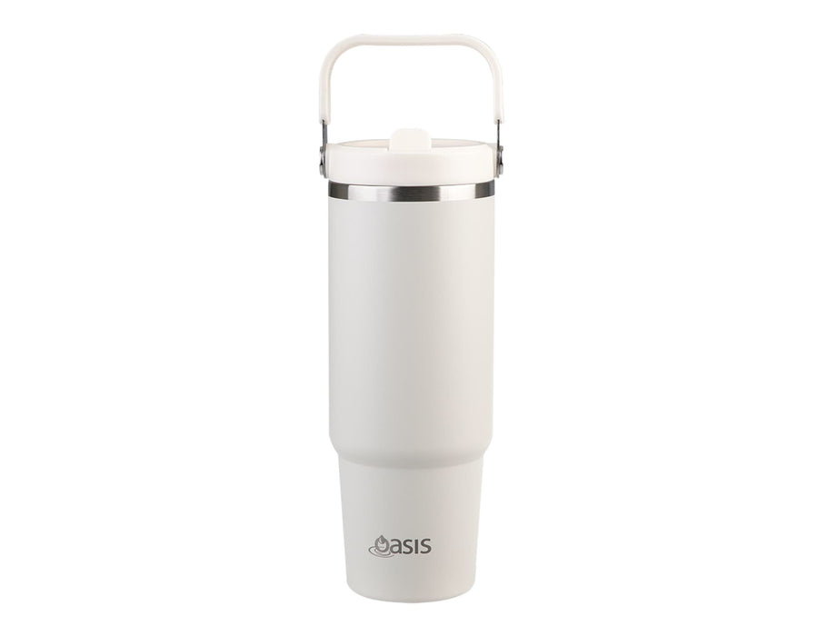 Oasis Voyager 900ml Vacuum Carry Tumbler - A drink bottle in white with a silver band and a handle, featuring a logo on the front.