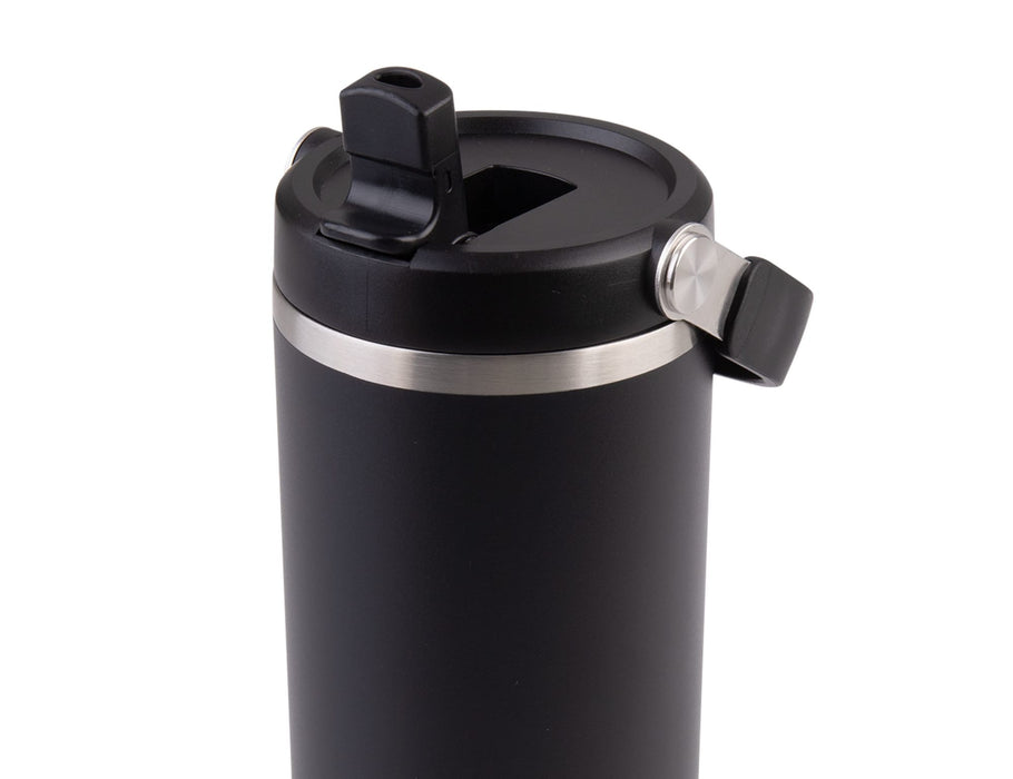 Oasis Voyager 900ml Vacuum Carry Tumbler - A drink bottle with a sleek black finish, featuring a metal rim and a flip-top lid. It has a logo on the side.
