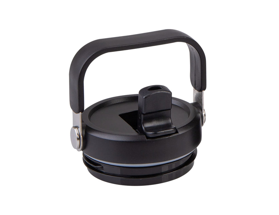 Oasis Voyager 900ml Vacuum Carry Tumbler - A drink bottle lid in black with a handle and spout. Features a silver metal accent and a circular design.