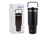 Oasis Voyager 900ml Vacuum Carry Tumbler - A drink bottle with a black matte finish, metal lid, and carrying handle, alongside its box featuring a logo.