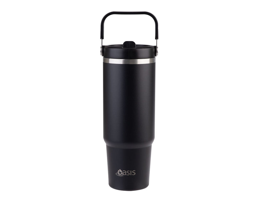 Oasis Voyager 900ml Vacuum Carry Tumbler - A drink bottle designed as a 900ml vacuum carry tumbler in matte black with a handle and a silver band.