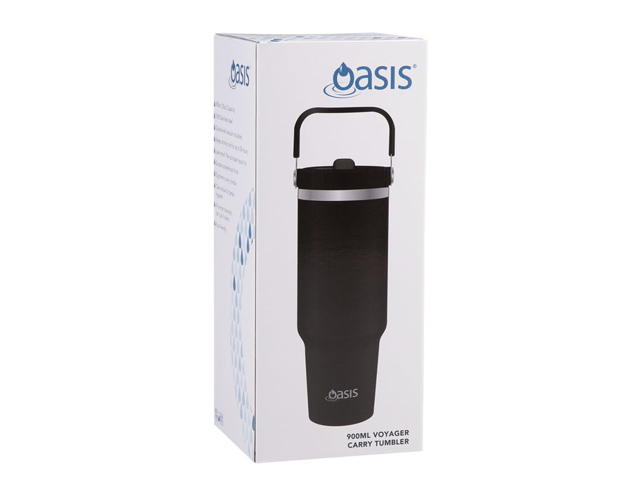 Oasis Voyager 900ml Vacuum Carry Tumbler - A drink bottle with a black exterior, featuring a handle and a lid, presented in a box with a logo.