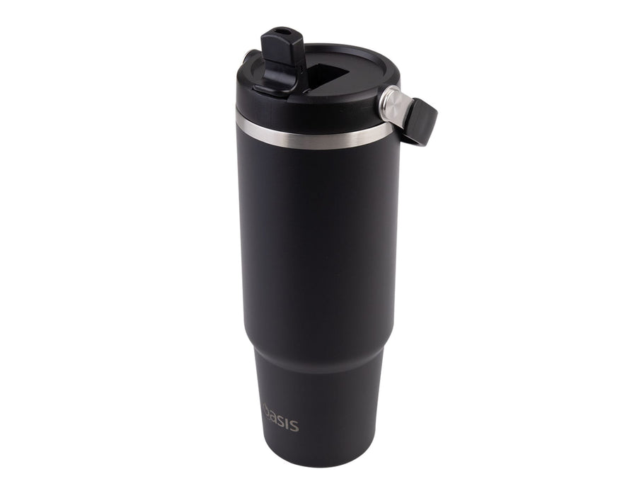 Oasis Voyager 900ml Vacuum Carry Tumbler - A drink bottle in matte black with a silver band and a clear flip-top lid. It features a logo.