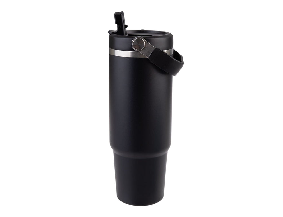 Oasis Voyager 900ml Vacuum Carry Tumbler - A drink bottle featuring a sleek black design with a silver band and a carrying handle, complete with a lid.