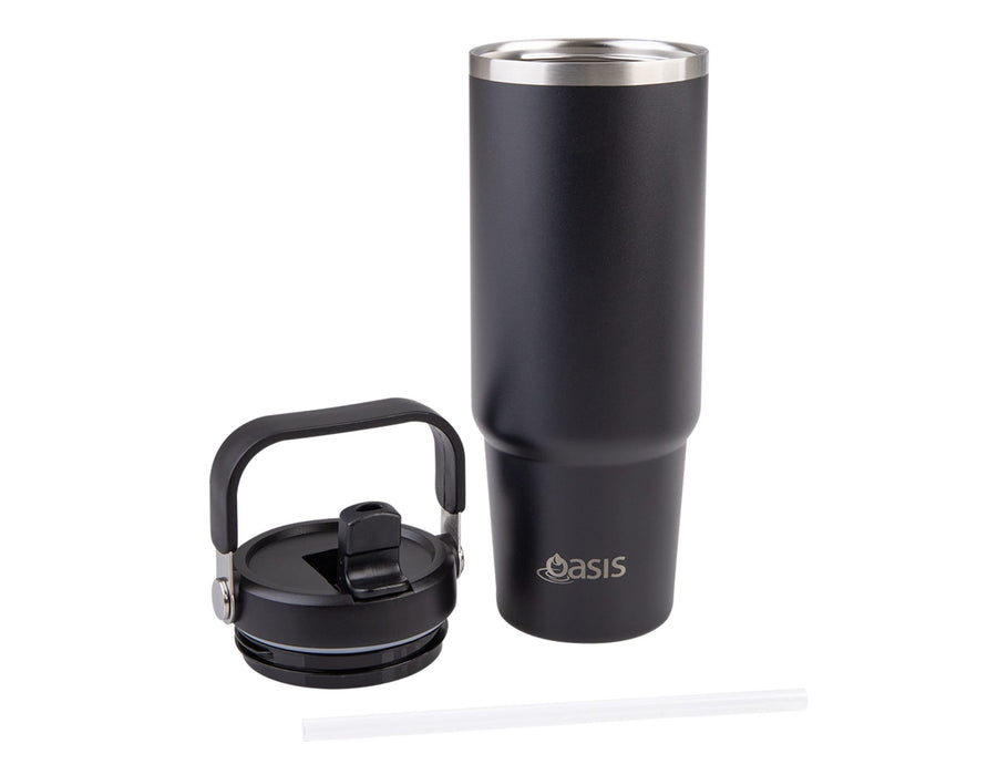 Oasis Voyager 900ml Vacuum Carry Tumbler - A drink bottle featuring a black matte finish, a detachable lid with a handle, and a straw. It includes a logo.