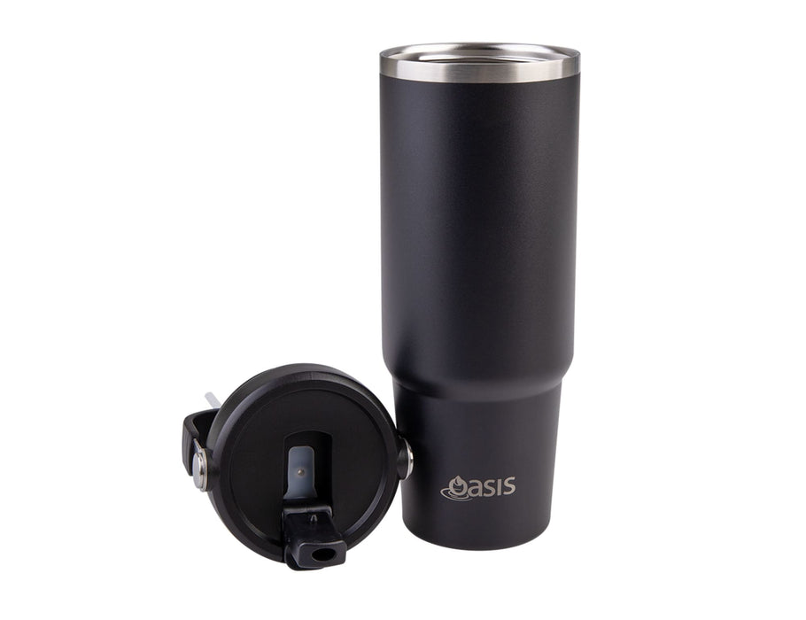 Oasis Voyager 900ml Vacuum Carry Tumbler - A drink bottle in matte black with a stainless steel lid and a removable drinking straw. It features a logo.