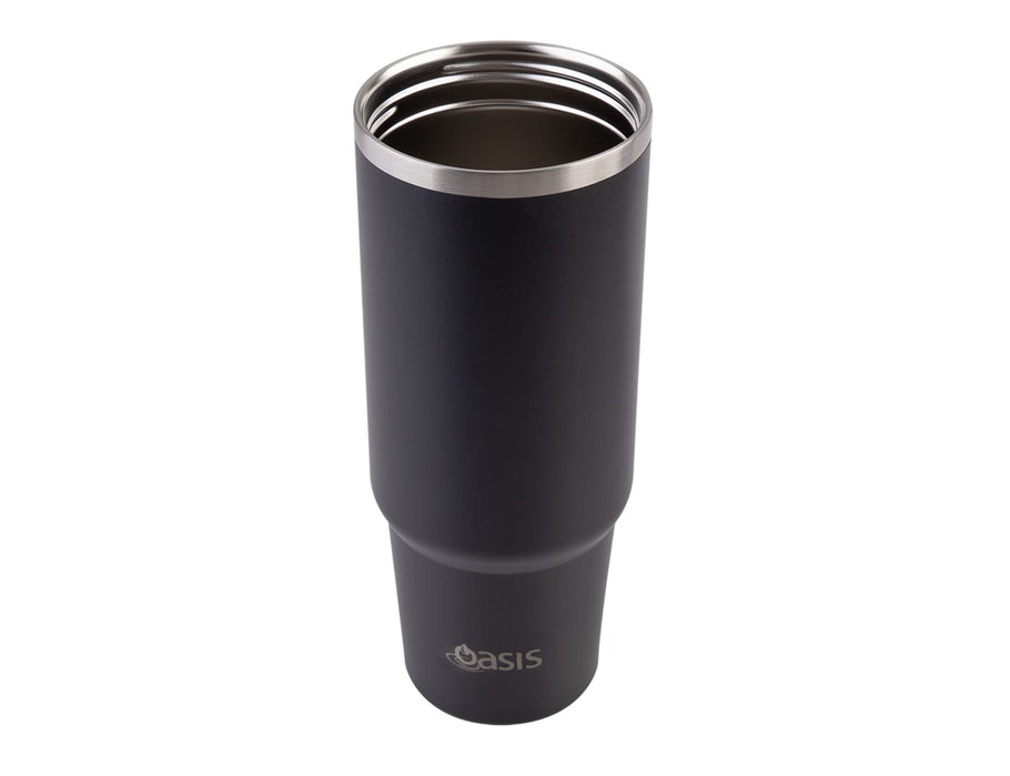 Oasis Voyager 900ml Vacuum Carry Tumbler - A drink bottle in matte black finish, featuring a stainless steel interior and an oasis logo.