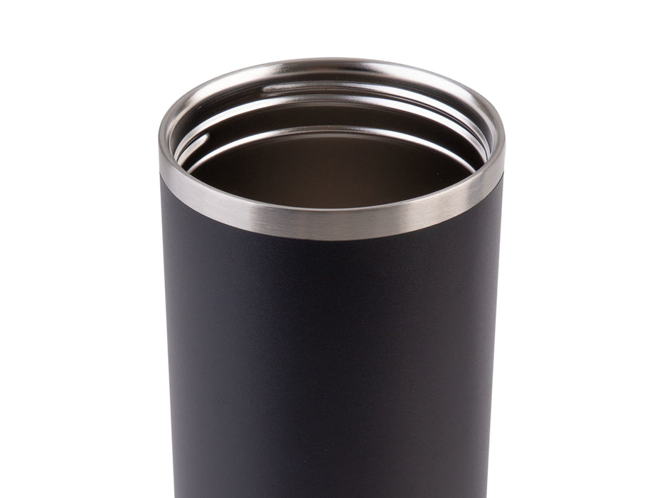 Oasis Voyager 900ml Vacuum Carry Tumbler - A drink bottle in matte black with a stainless steel rim, featuring a sleek, modern design and a logo.