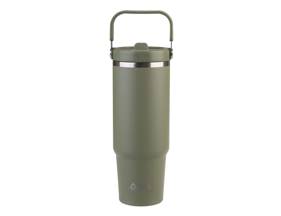 Oasis Voyager 900ml Vacuum Carry Tumbler - A drink bottle in olive green with a silver band and a carry handle, featuring a logo on the front.