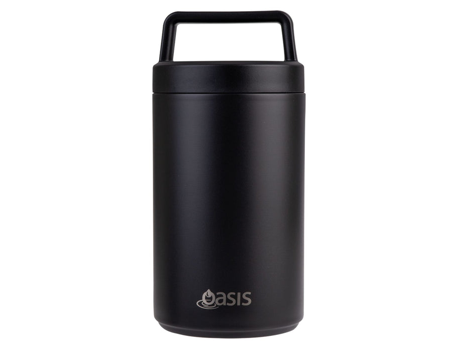 Oasis 700ml Vacuum Food Flask with Spoon - A drink bottle with a sleek black exterior, featuring a handle and an attached spoon. Branding is present.