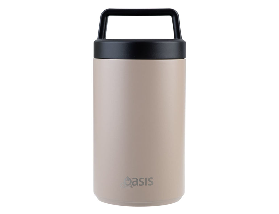Oasis 700ml Vacuum Food Flask with Spoon - A 700ml vacuum food flask in a matte beige colour with a black lid and handle, featuring a branding logo.