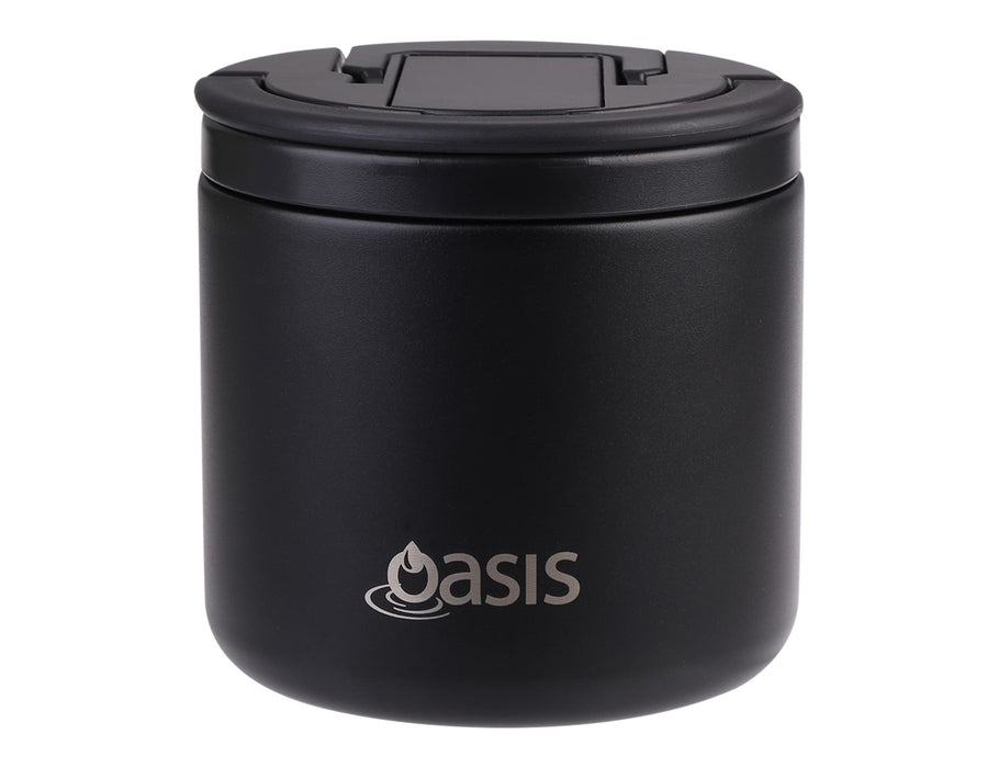 Oasis 500ml Vacuum Food Flask with Spork - A drink bottle in matte black with a spork attached, featuring a logo on the front.
