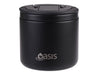 Oasis 500ml Vacuum Food Flask with Spork - A drink bottle in matte black with a spork attached, featuring a logo on the front.