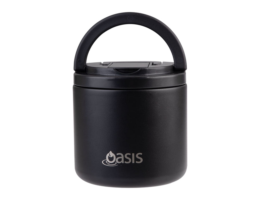 Oasis 500ml Vacuum Food Flask with Spork - A black vacuum food flask with a handle and spork, featuring a logo on the front.